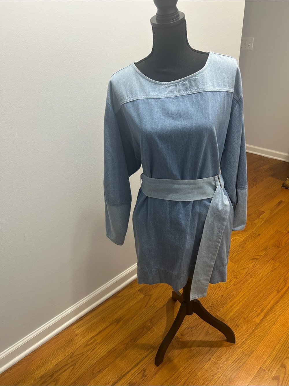 Free People Light Blue Denim Shirt Dress with Waist Tie
